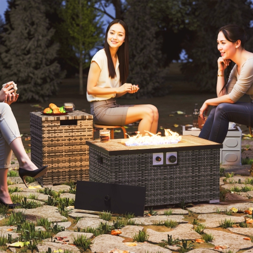 Outsunny 2 Piece Propane Fire Pit Table Set with Hideaway Propane Tank Holder, 32" 40,000 BTU Rattan Outdoor Gas Fire Table with Waterproof Cover,