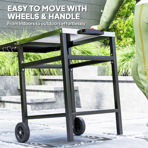 Outsunny Outdoor Grill Dining Cart with Stainless Steel Top and Foldable Side Table, BBQ Movable Pizza Oven Stand Food Prep Table Trolley with Hooks