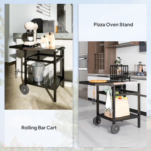 Outsunny Outdoor Grill Dining Cart with Stainless Steel Top and Foldable Side Table, BBQ Movable Pizza Oven Stand Food Prep Table Trolley with Hooks