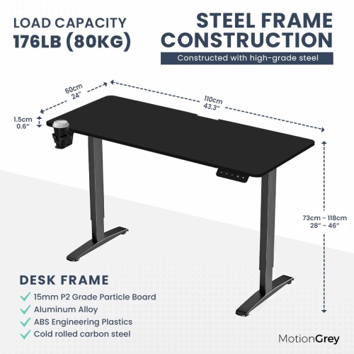 MotionGrey Ergo2 - Adjustable Electric Standing Desk with Memory Settings - 43"x24" Black Top Black Frame - Ergonomic Sit-to-Stand Desk for Home and