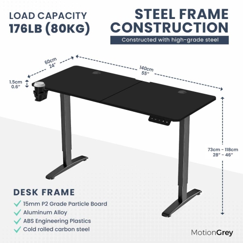 Bureau debout électrique ajustable MotionGrey avec réglages de mémoire - Cadre noir supérieur 55 x 24 po - Bureau ergonomique pour la maison et