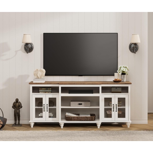 WAMPAT Farmhouse TV Stand for TVs Up to 75 inch, 4-Door Glass and Wood Universal TV Console with 9 Storage Cabinets, White Entertainment Center Table