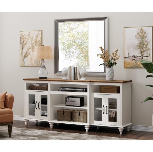 WAMPAT Farmhouse TV Stand for TVs Up to 75 inch, 4-Door Glass and Wood Universal TV Console with 9 Storage Cabinets, White Entertainment Center Table