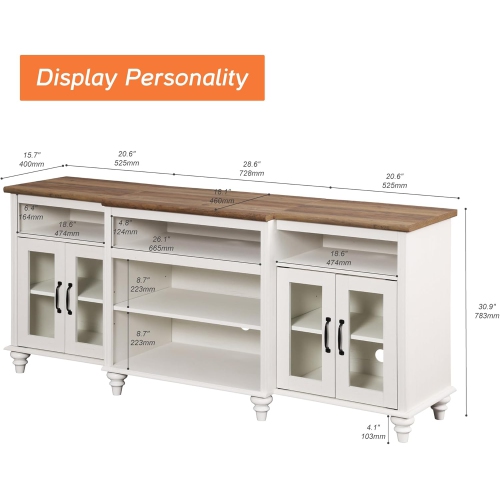 WAMPAT Farmhouse TV Stand for TVs Up to 75 inch, 4-Door Glass and Wood Universal TV Console with 9 Storage Cabinets, White Entertainment Center Table
