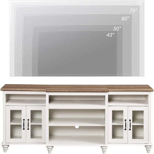 WAMPAT Farmhouse TV Stand for TVs Up to 75 inch, 4-Door Glass and Wood Universal TV Console with 9 Storage Cabinets, White Entertainment Center Table