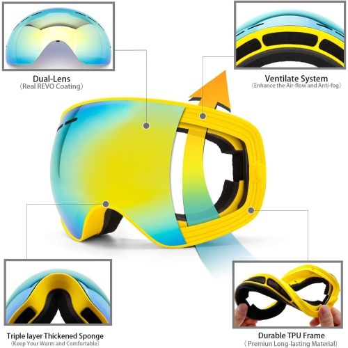 Ski Goggles,Winter Snow Sports Snowboard Goggles Youth & Men Women Skiing Skating Snowmobile,V06kids 4-16(vlt18%)yellow Frame/Gold