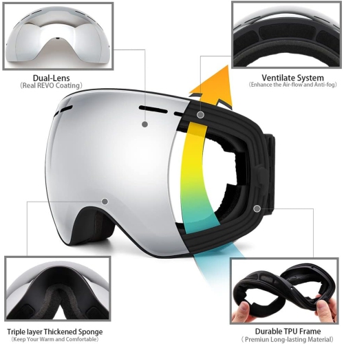 Lunettes de ski, lunettes de planche à neige pour sports d'hiver Lunettes de neige Jeunes et hommes Femmes Ski Ski Motoneige, cadre noir/miroir