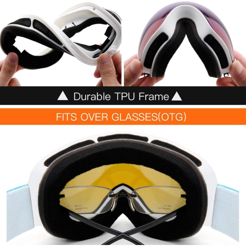Ski Goggles,Winter Snow Sports Snowboard Goggles Youth & Men Women Skiing Skating Snowmobile,White Frame/Blue Lens