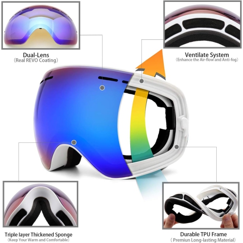 Ski Goggles,Winter Snow Sports Snowboard Goggles Youth & Men Women Skiing Skating Snowmobile,White Frame/Blue Lens