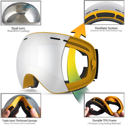 Ski Goggles,Winter Snow Sports Snowboard Goggles Youth & Men Women Skiing Skating Snowmobile,A17-matter Yellow Frame/Silver