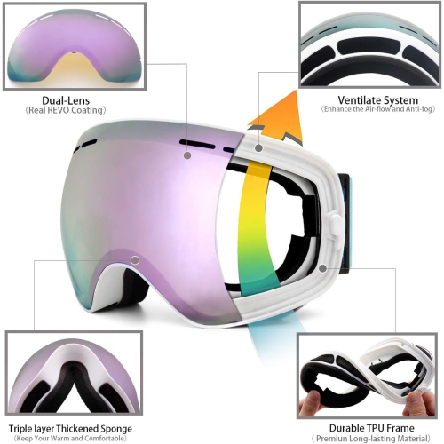 Ski Goggles,Winter Snow Sports Snowboard Goggles Youth & Men Women Skiing Skating Snowmobile,Arctic White / Purple Sapphire
