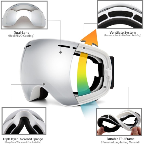 Ski Goggles,Winter Snow Sports Snowboard Goggles Youth & Men Women Skiing Skating Snowmobile,White Frame Mirror(vlt 18.5%) Lens