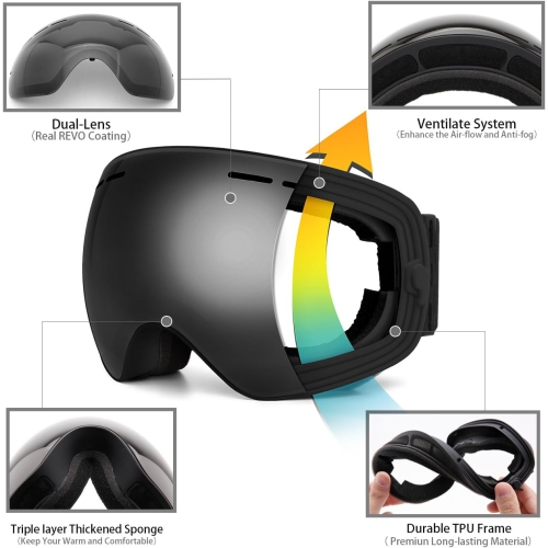 Ski Goggles,Winter Snow Sports Snowboard Goggles Youth & Men Women Skiing Skating Snowmobile,Black(vlt 7.3%)lens
