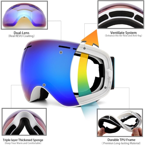 Ski Goggles,Winter Snow Sports Snowboard Goggles Youth & Men Women Skiing Skating Snowmobile,A07-white Frame/Blue Strap