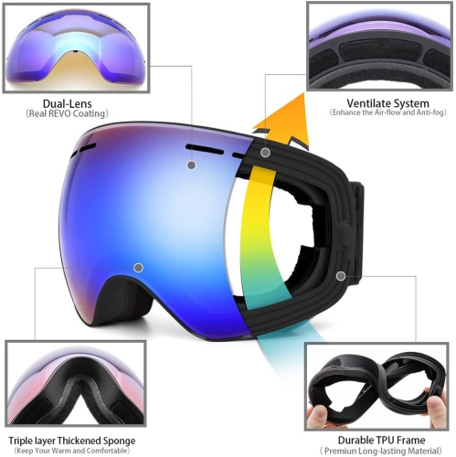 Ski Goggles,Winter Snow Sports Snowboard Goggles Youth & Men Women Skiing Skating Snowmobile,Black Frame Blue(vlt 18.4%) Lens