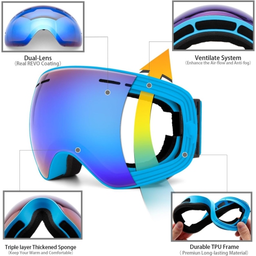 Ski Goggles,Winter Snow Sports Snowboard Goggles Youth & Men Women Skiing Skating Snowmobile,A05-blue Strap/Blue