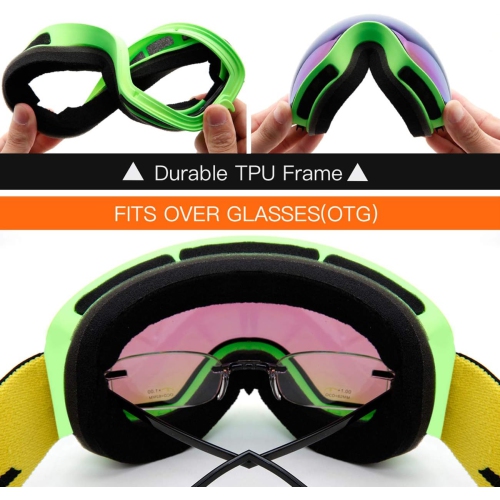 Ski Goggles,Winter Snow Sports Snowboard Goggles Youth & Men Women Skiing Skating Snowmobile,V02-kids 4-16(vlt18%) Green Frame/Green