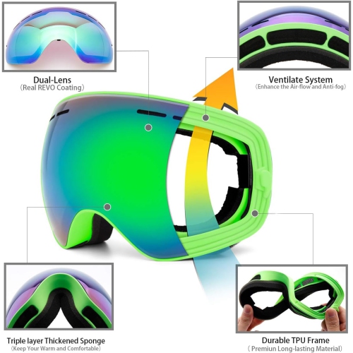Ski Goggles,Winter Snow Sports Snowboard Goggles Youth & Men Women Skiing Skating Snowmobile,V02-kids 4-16(vlt18%) Green Frame/Green