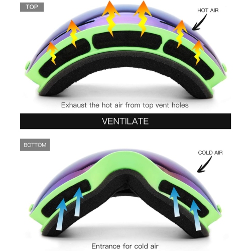 Ski Goggles,Winter Snow Sports Snowboard Goggles Youth & Men Women Skiing Skating Snowmobile,V02-kids 4-16(vlt18%) Green Frame/Green