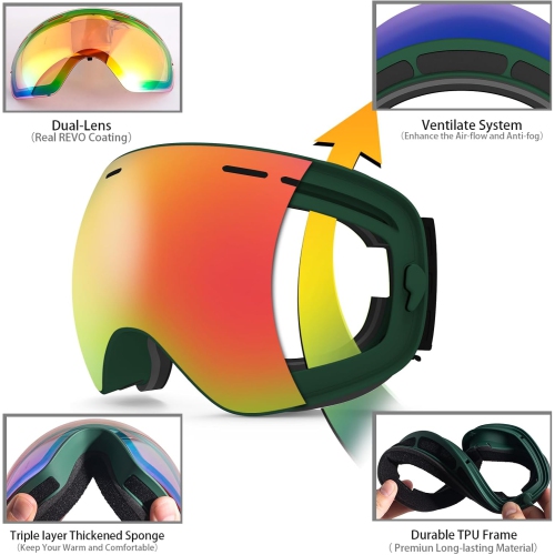 Ski Goggles,Winter Snow Sports Snowboard Goggles Youth & Men Women Skiing Skating Snowmobile,A24-matter Green/Pale Pink