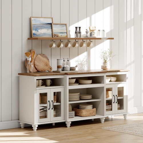WAMAPT Buffet Cabinet with 4 Glass Doors, Large Coffee Bar Tables Wood Kitchen Storage Cabinets with 9 Storages, Modern Farmhouse Sideboard Credenza