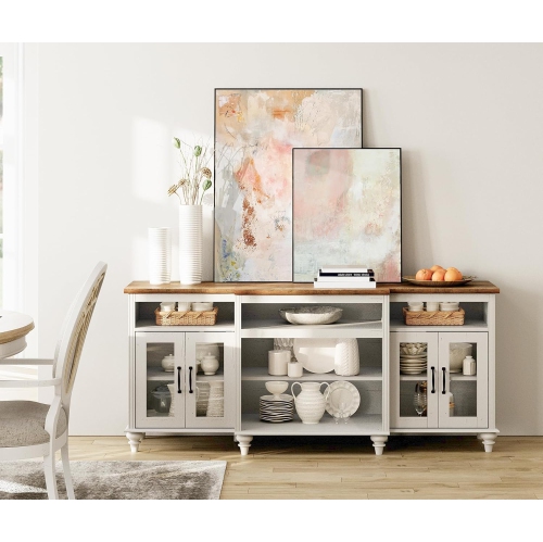 WAMAPT Buffet Cabinet with 4 Glass Doors, Large Coffee Bar Tables Wood Kitchen Storage Cabinets with 9 Storages, Modern Farmhouse Sideboard Credenza