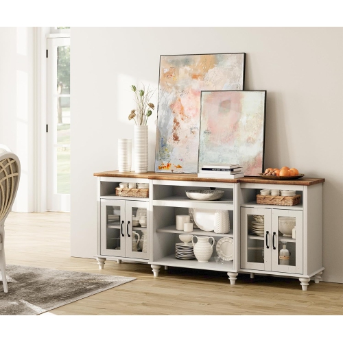 WAMAPT Buffet Cabinet with 4 Glass Doors, Large Coffee Bar Tables Wood Kitchen Storage Cabinets with 9 Storages, Modern Farmhouse Sideboard Credenza