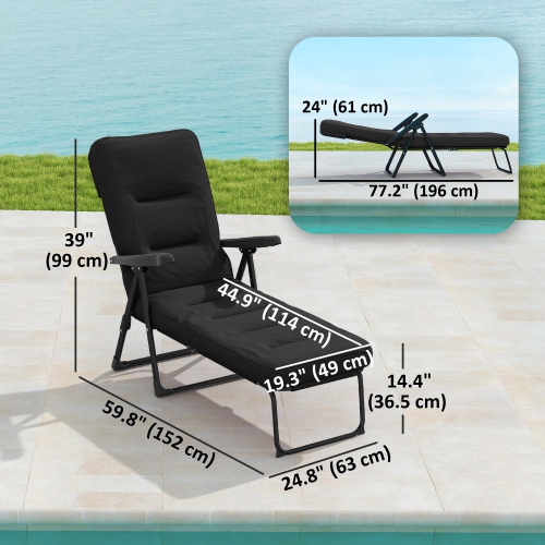 Outsunny Outdoor Lounge Chair with Padded Cushion, Folding Reclining Patio Garden Chair with Recline Back, Footrest, for Poolside, Patio, Black