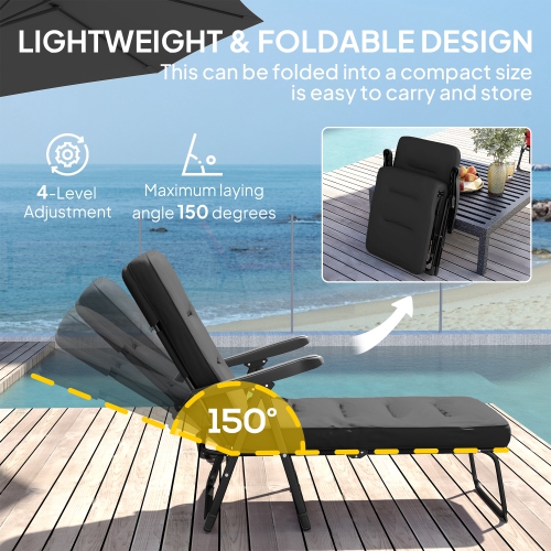 Outsunny Outdoor Lounge Chair with Padded Cushion, Folding Reclining Patio Garden Chair with Recline Back, Footrest, for Poolside, Patio, Black