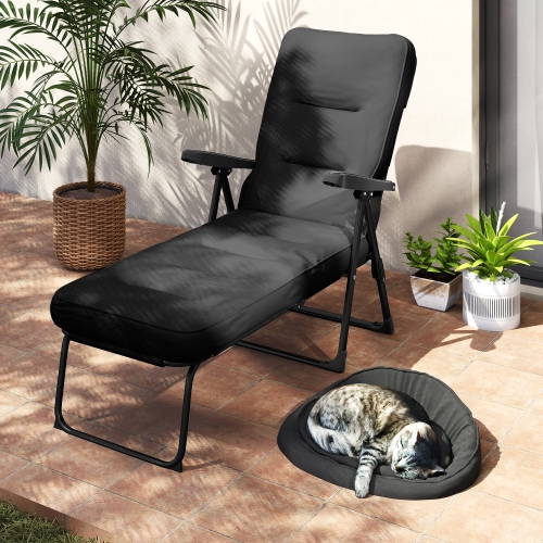 Outsunny Outdoor Lounge Chair with Padded Cushion, Folding Reclining Patio Garden Chair with Recline Back, Footrest, for Poolside, Patio, Black