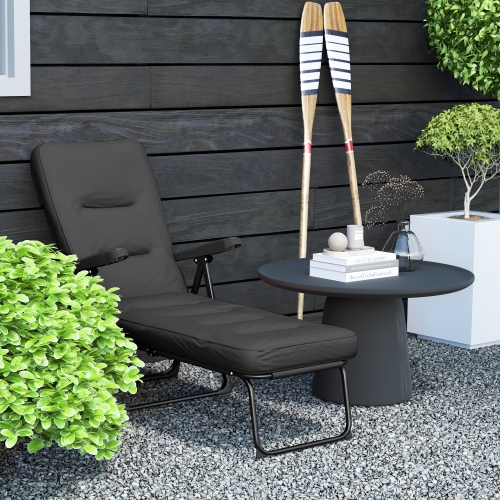 Outsunny Outdoor Lounge Chair with Padded Cushion, Folding Reclining Patio Garden Chair with Recline Back, Footrest, for Poolside, Patio, Black