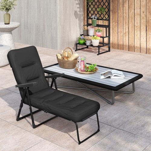 Outsunny Outdoor Lounge Chair with Padded Cushion, Folding Reclining Patio Garden Chair with Recline Back, Footrest, for Poolside, Patio, Black