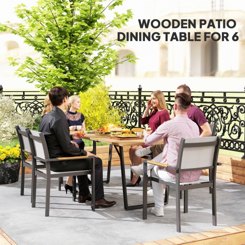 Outsunny Wooden Outdoor Dining Table for 6, 69" x 32" Rectangular Patio Table with 2" Umbrella Hole, Slatted Tabletop, Indoor Outdoor Dining