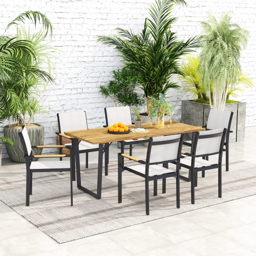 Outsunny Wooden Outdoor Dining Table for 6, 69" x 32" Rectangular Patio Table with 2" Umbrella Hole, Slatted Tabletop, Indoor Outdoor Dining
