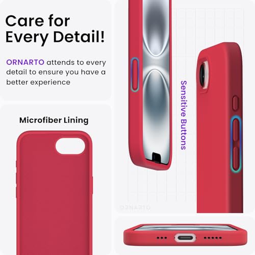 ORNARTO Compatible with iPhone 16e Case 6.1",Liquid Silicone 3 Layers Full Covered Soft Gel Rubber Phone Case,Shockproof Protective Cover 6.1 inch-Red