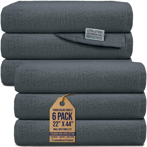 Canadian Linen Yukon Small Bath Towels, 6 Pack, 22"x44", Lightweight Soft Absorbent Cotton Quick Dry Bath Towel Set for Home Salon Spa Yoga Gym, Grey