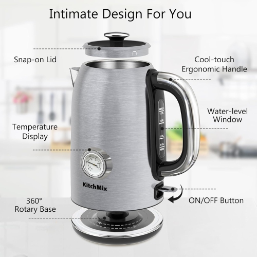 KitchMix Electric Kettle,1.7L Stainless Steel Tea Kettle with Thermometer,1500W Cordless Water Boiler with LED Indicator, Auto Shut-Off & Boil-Dry,