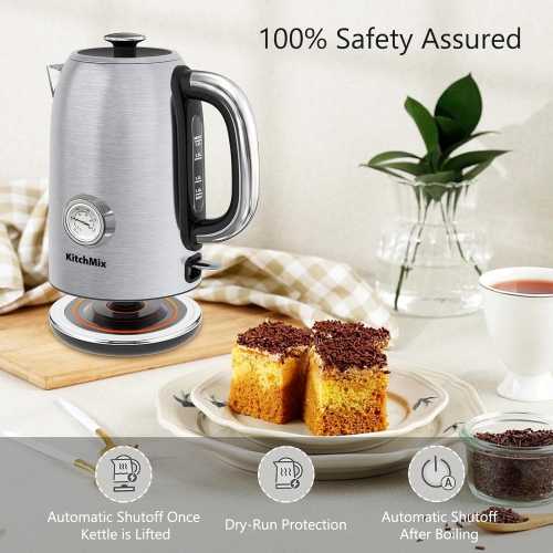 KitchMix Electric Kettle,1.7L Stainless Steel Tea Kettle with Thermometer,1500W Cordless Water Boiler with LED Indicator, Auto Shut-Off & Boil-Dry,