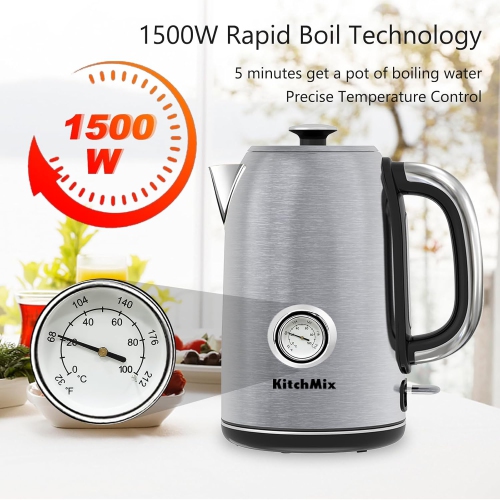 KitchMix Electric Kettle,1.7L Stainless Steel Tea Kettle with Thermometer,1500W Cordless Water Boiler with LED Indicator, Auto Shut-Off & Boil-Dry,