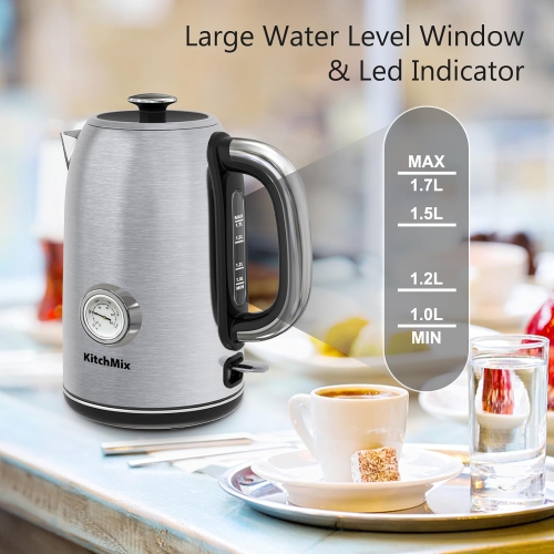 KitchMix Electric Kettle,1.7L Stainless Steel Tea Kettle with Thermometer,1500W Cordless Water Boiler with LED Indicator, Auto Shut-Off & Boil-Dry,