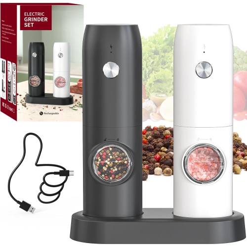 CIRCLE JOY Electric Rechargeable Salt and Pepper Grinder Set Automatic Salt and Pepper Mill with White Led Light, Adjustable Coarseness, Salt Grinder