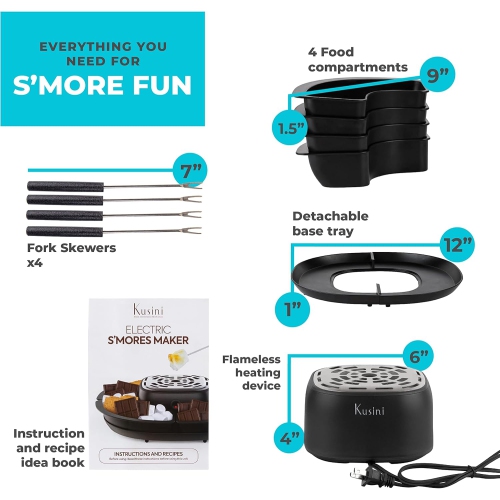 Kusini Smores Maker Tabletop Indoor - Flameless Electric Marshmallow Roaster – 4 Detachable Trays & 4 Roasting Forks
