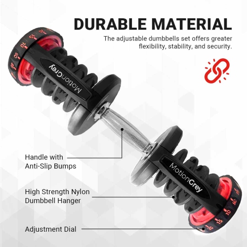 MotionGrey Adjustable Dumbbell 10 LB to 90 LB -15 Weight Settings with Anti-slip Handle - Perfect for Home Gym Exercise & Workout Equipment - Free
