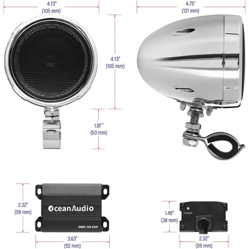 OceanAudio OMC-50.2AD 3 Inch Weatherproof Speakers and Super Mini Amplifier with BT Streaming for 12V Motorcycle, ATV, UTV, Adjustable Brackets,