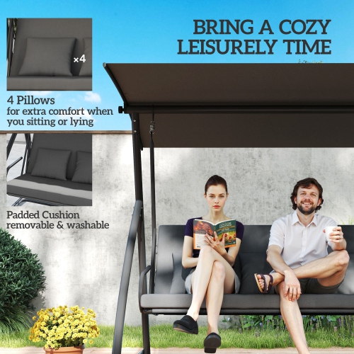 Chaise berçante de patio Outsunny, hamac convertible pour 3&nbsp;personnes, lit long pivotant extérieur, coussin avec auvent inclinable, gris foncé