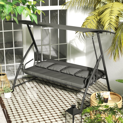 Chaise berçante de patio Outsunny, hamac convertible pour 3&nbsp;personnes, lit long pivotant extérieur, coussin avec auvent inclinable, gris foncé