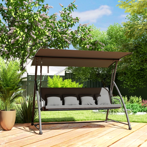 Chaise berçante de patio Outsunny, hamac convertible pour 3&nbsp;personnes, lit long pivotant extérieur, coussin avec auvent inclinable, gris foncé