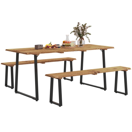 OUTSUNNY  Picnic Table And Bench Set for 6 Persons, 70" Wood Outdoor Dining Table Bench Set \w 2" Umbrella Hole, Slatted Top & Steel Frame, For