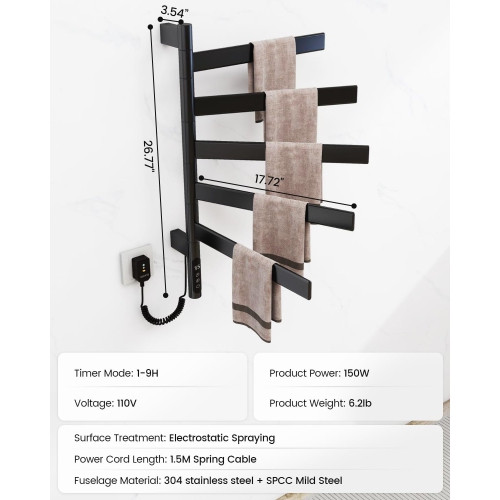 Heated Towel Racks for Bathroom,Wall Mounted Towel Warmer Swivel with Timer & Temp Control,Digital Touch Panel & WiFi Remote Control Towel Dryer