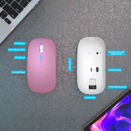 Wireless Bluetooth Mouse Rechargeable Laptop Mouse Portable LED Computer Mice Use(BT5 or USB 2.4G) Dual Mode Connection Silent Slim Mouse
